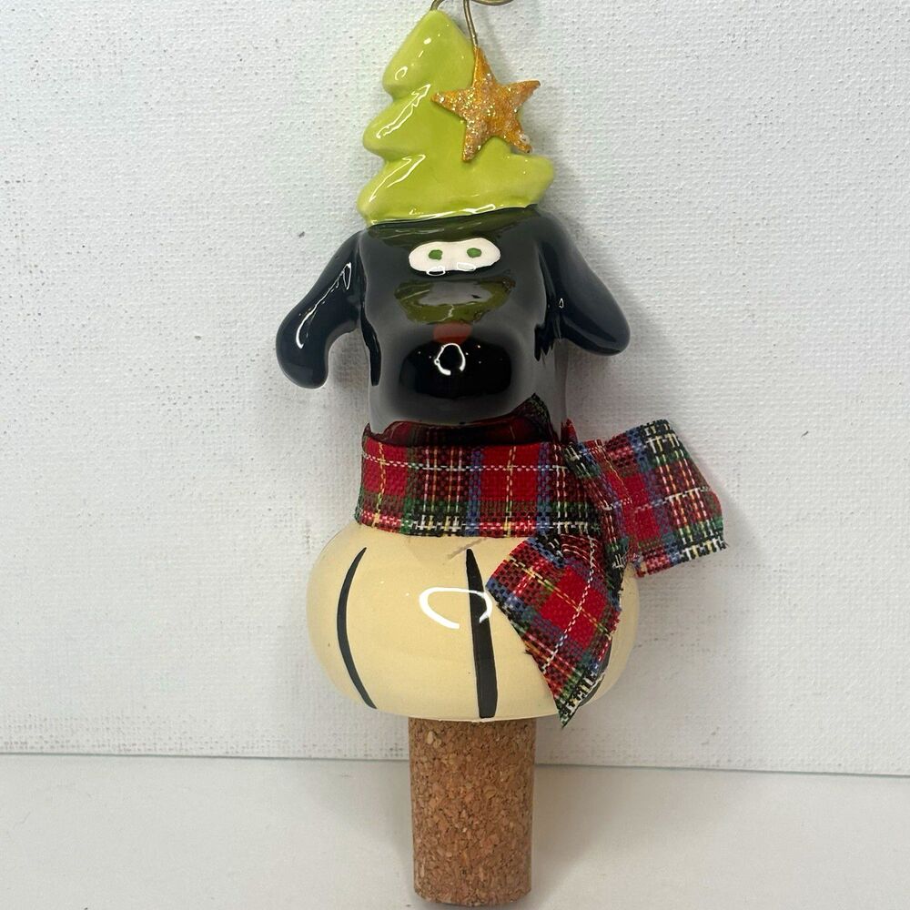 Ceramic Dog Christmas Bottle Stopper Cork w Plaid Scarf & Tree Hat Reusable